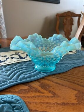 Fenton Aqua Blue Opalescent Hobnail Ruffled Bowl